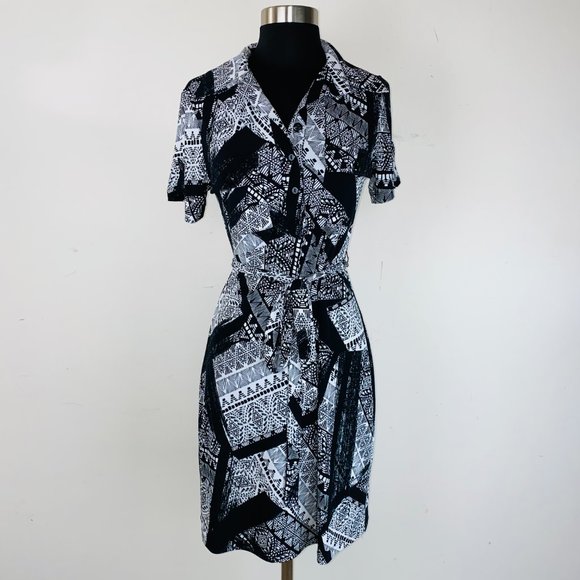 En Focus Studio Black White Patchwork Belted Collared Dress 6 - Picture 2 of 5